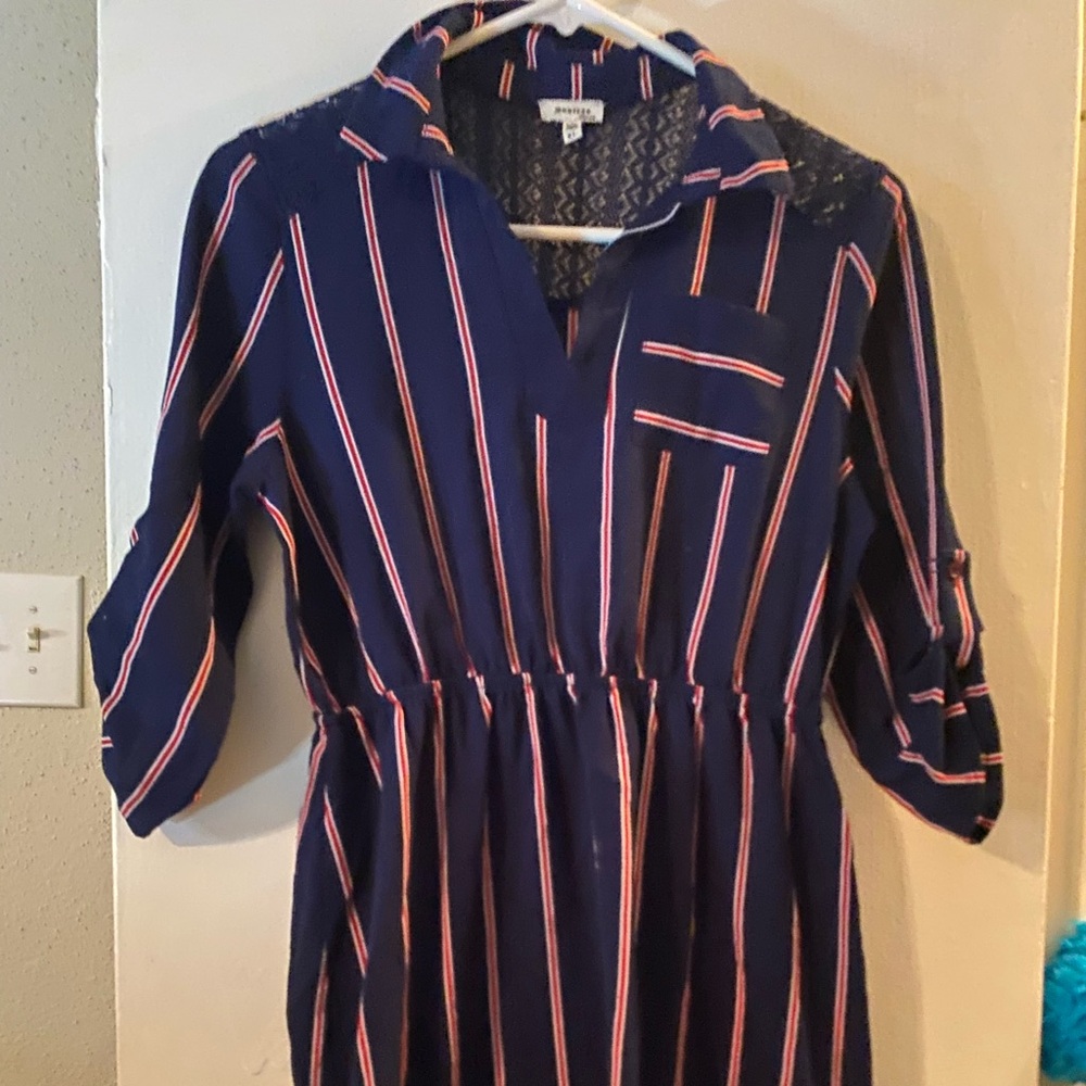 Navy Striped Shirt Dress with red and White Stripes